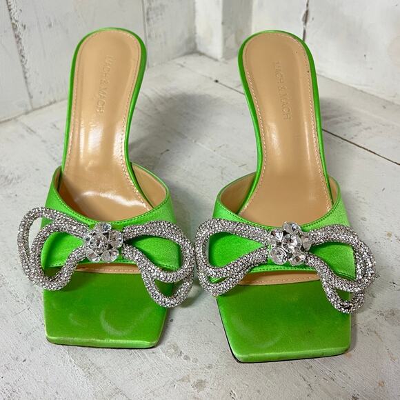 MACH & MACH Double Bow Crystal-Embellished Satin Mules Green Women Size 40 / 9.5 - Picture 4 of 8